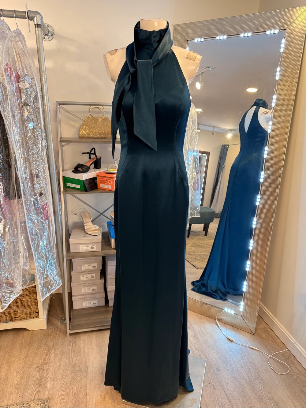 Jovani Deep Emerald Halter Maxi Gown with Neck Tie